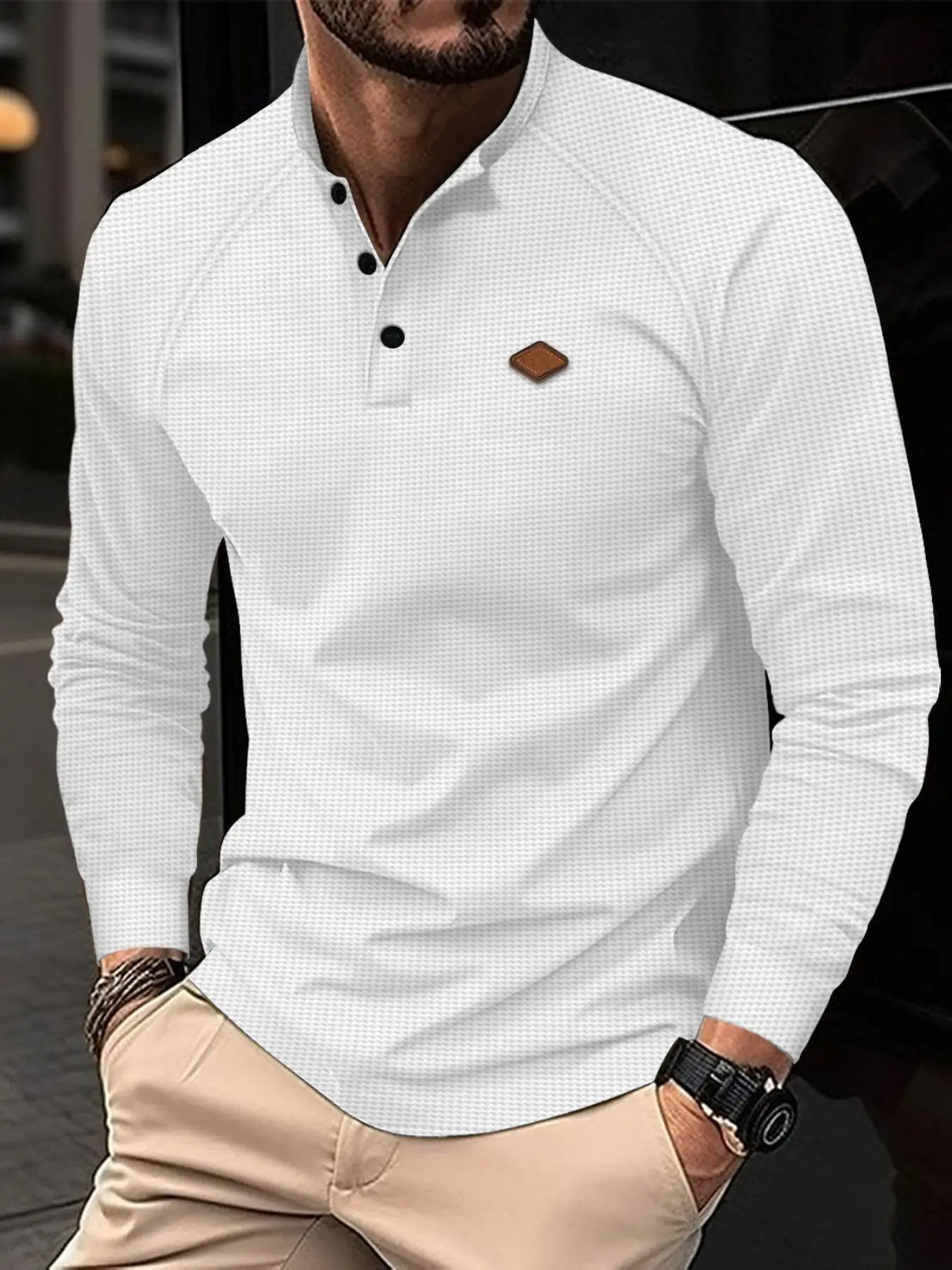 2025 Best-Selling New Vintage Waffle Solid Color Men's Henry Shirt Breathable Casual business, Men Button Down Round Neck Long