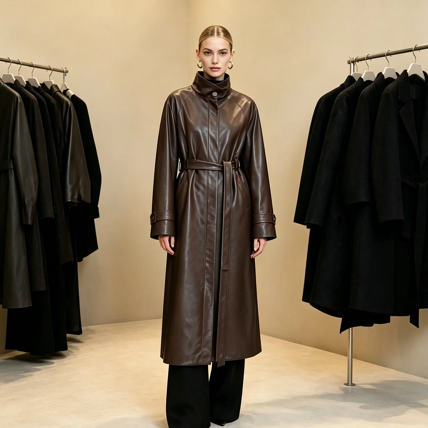 PUAL  2026 Faux Leather Coat, Stand Collar with Waist Belt, Loose Oversized Cut, Two Lengths Available, Retro Vintage Outerwear