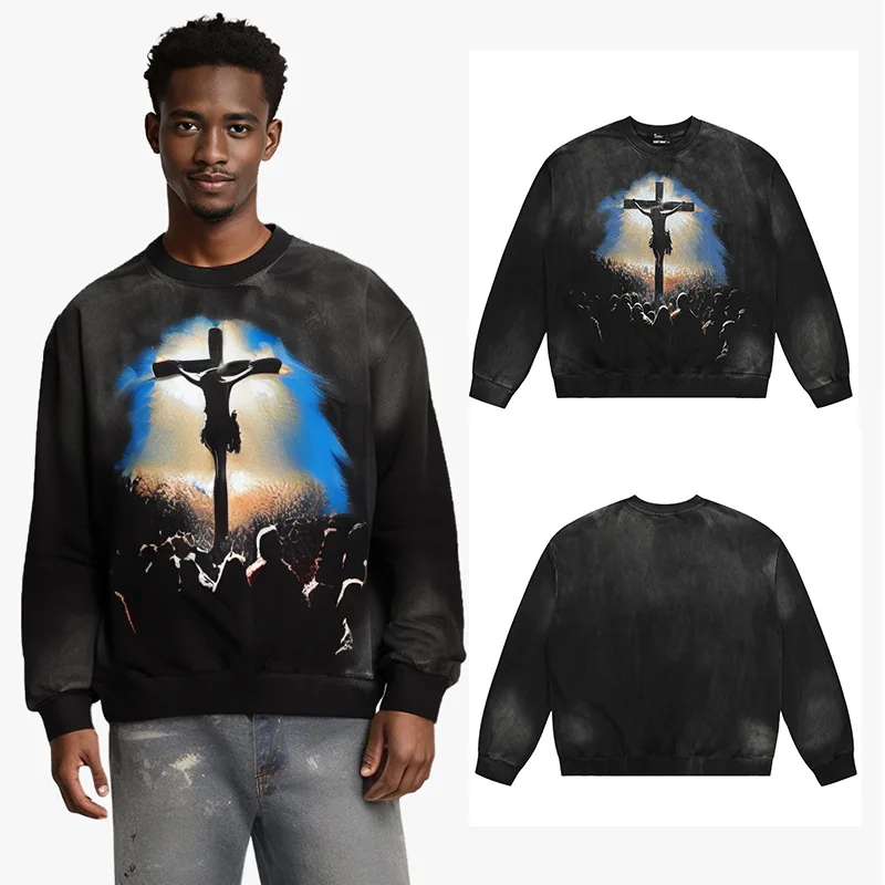 2024aw Saint Michael Tears Letter Logo Print Sweaters for Men Vintage Washed Oversized Hoodie Y2k Clothes Streetwear Clothing