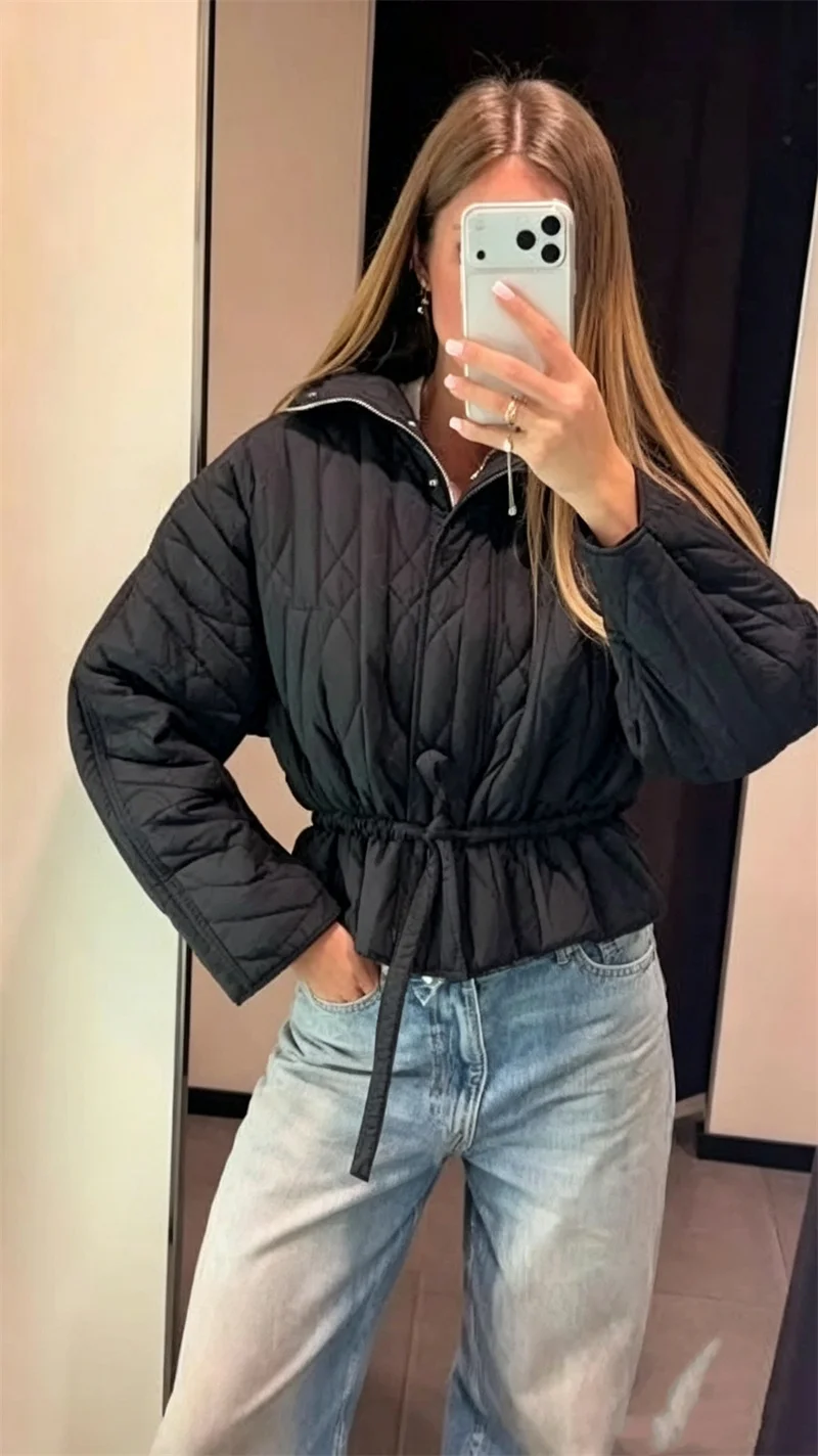 Guobioziy Women's Jacket 2026 Early Autumn New Casual Versatile Stand Collar Loose Drawstring Waist Cotton Short Jacket Coat