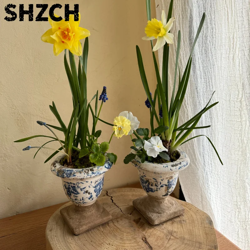 French Retro Ceramic Pot for Plants Rustic Planter with Drainage Hole, Vintage Ice Crack Flower Pot Vase for Indoor & Garden