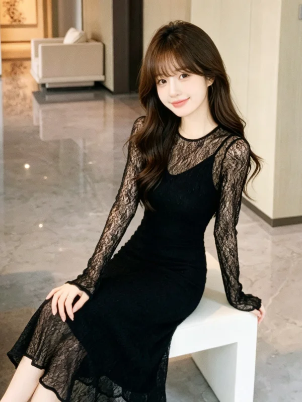 Hebe Style High End Hollow out Lace Cover up Strap Vest Top And Wrap around Skirt Two Piece Set Women's Fashion Autumn Wear