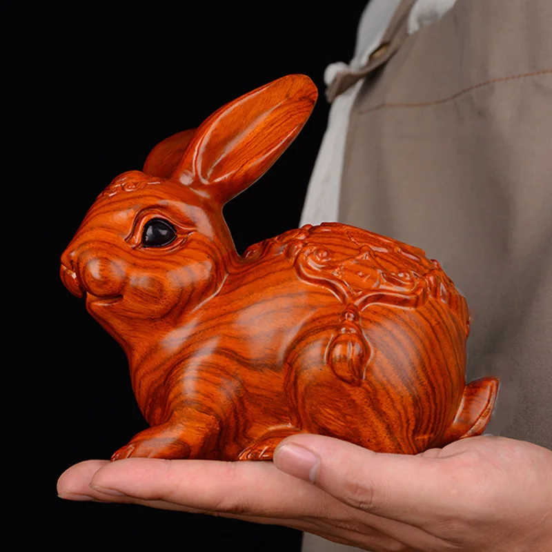 Rabbit Wood Carving Ornaments Solid Wood Carving Twelve Zodiac Rabbit Office Household TV Cabinet Decoration Creative Gift