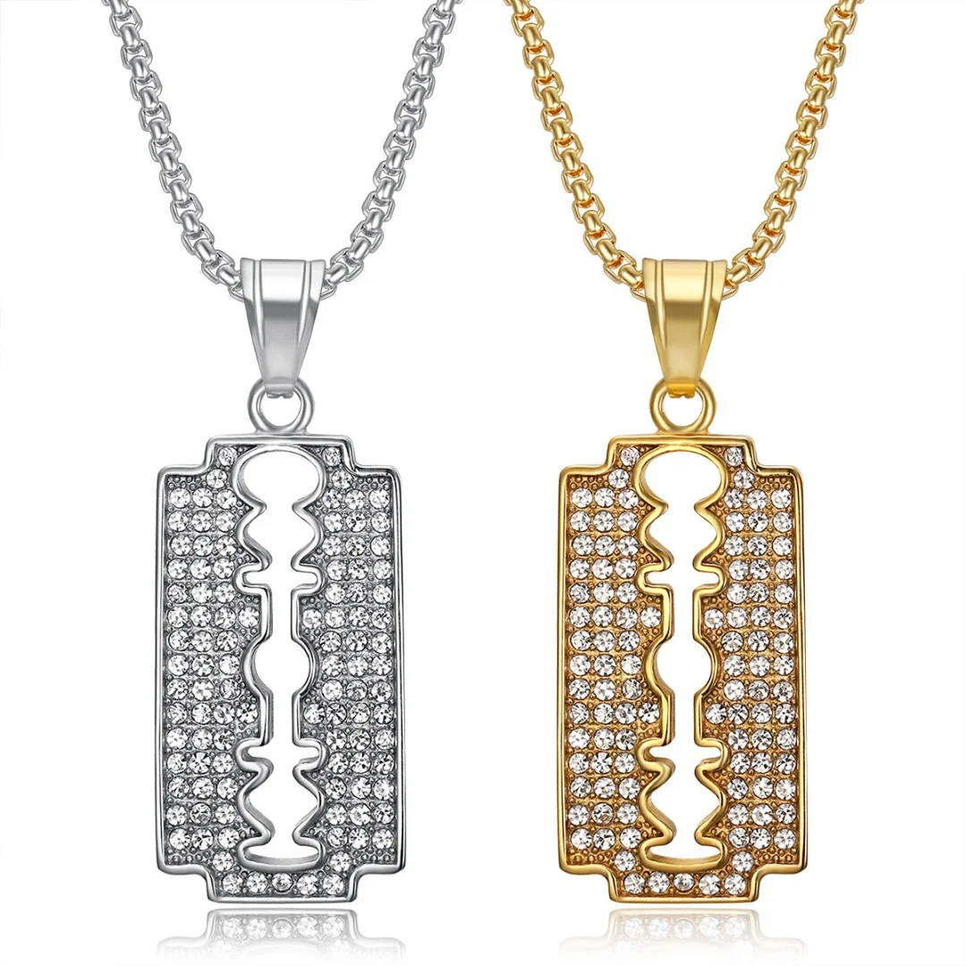 

Punk Tennis Razor Blade Pendant Gold Silver Color Stainless Steel Zirconia Rapper Necklace for Women Men Barbershop Jewelry Gift
