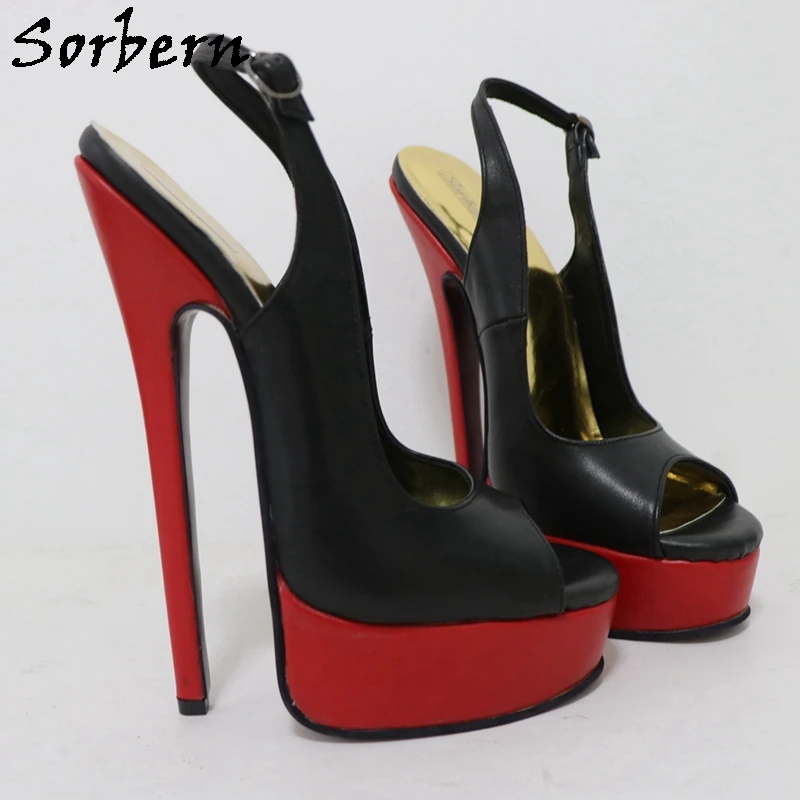 Sorbern Classical Black Red Slingback Sissy Boy Open Toe Platform 20CM Stilettos Real Leather 16cm High Heel Shoe Custom Color