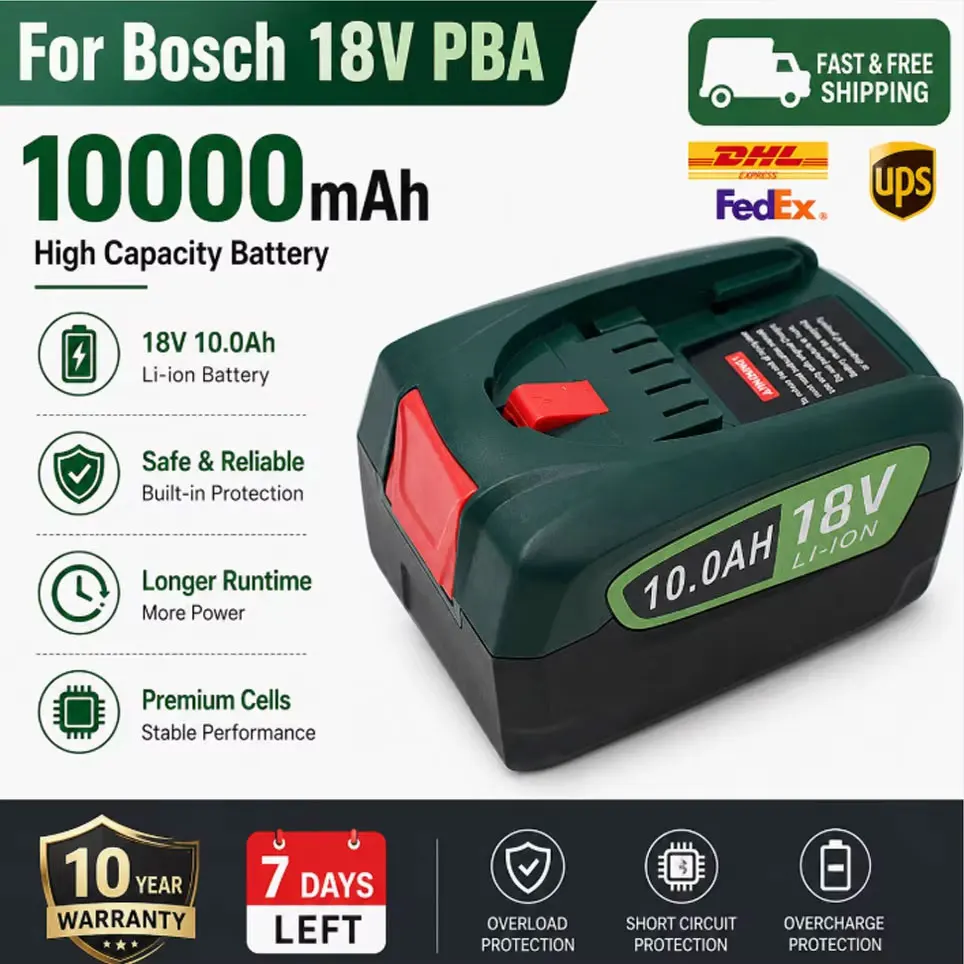 Lokaler Lagerbestand 18V 10000mAh Lithium-Akku für Elektrowerkzeuge, kompatibel mit Bosch PBA, funktioniert mit AL1880CV AL1810CV AL18815CV AL1830CV Ladegerät, schnelle EU-Lieferung vor Ort.