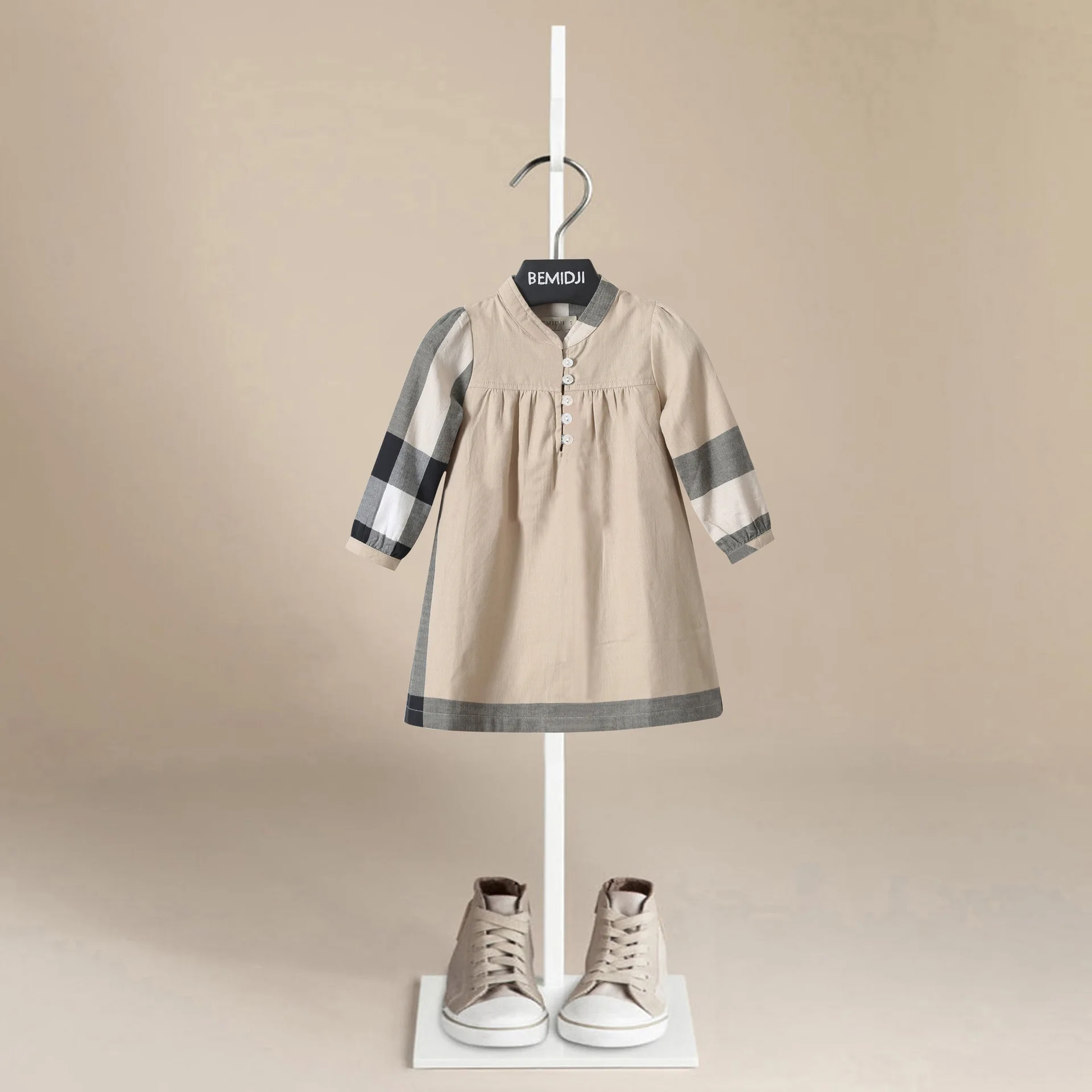Girls Dresses Plaid Simple Fashion Spring Autumn Long Sleeve Gathered  Chest Kids Clothes Kids Girl Dress Neck Button Opening