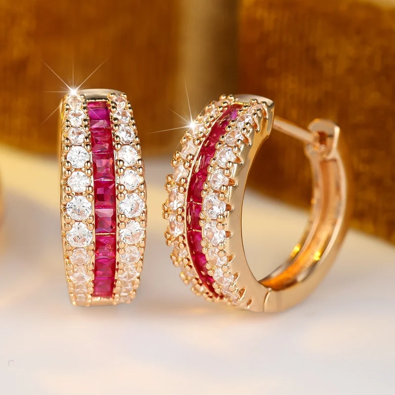 2026 New Elegant Red Zircon Interwoven Earrings for Women with Dense Color Diamond Arc Vintage Style Versatile Jewelry