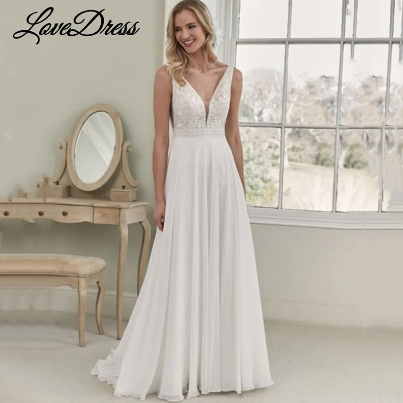 LoveDress Платье Свадебное шифоновое с глубоким V-образным вырезом, без рукавов