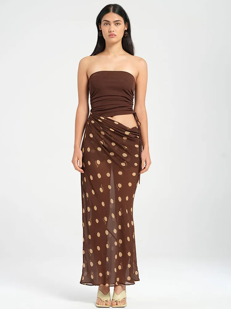 حمالة البولكا نقطة الشيفون المرقعة فستان ماكسي المرأة انقطاع سليم مثير أنبوب عطلة الشاطئ فستان ماكسي الصيف ملابس الحفلات