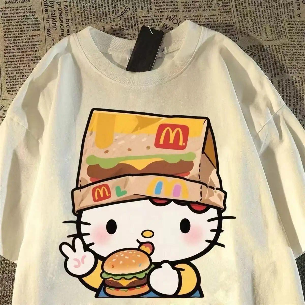 Camiseta de Manga Corta Extra Grande con Estampado de Gatito Divertido Estilo Japonés, Unisex, Holgada, Veraniega, para Hombre y Mujer, 300 Libras
