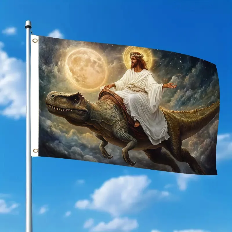 Jesus Riding T Rex Flag Religious Fantasy Humorous Outdoor Polyester Banner