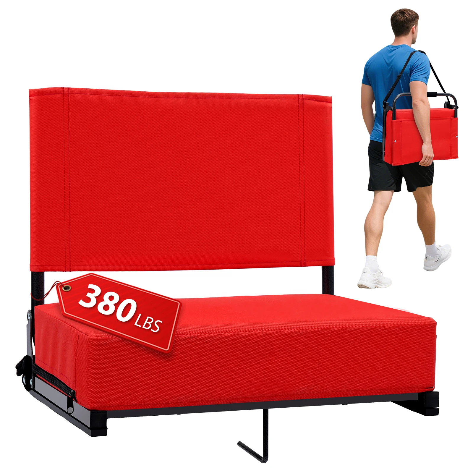 

Stadium Seat with Back Support, Padded Portable Bleacher Chair with Shoulder Strap, 18.4" Wide Cushion Seat for Sports & Outdoor
