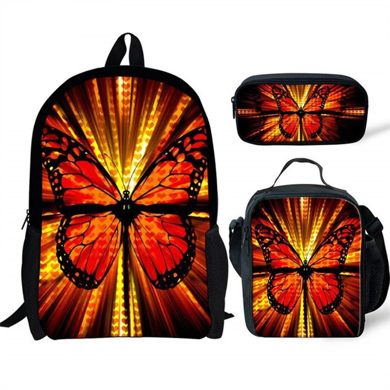 Classic Popular Novelty Funny Butterfly 3D Print 3pcs/Set pupil School Bags Laptop Daypack Backpack Lunch bag Pencil Case