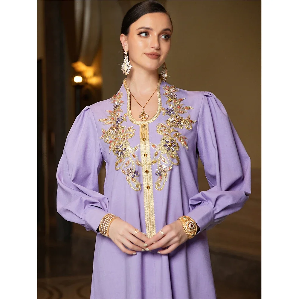 

New Lace Applique Hand Sewn Diamond Middle Eastern Robe Women Muslim Dress Evening Party Gown Dubai Abaya Kaftan Eid Jalabiya
