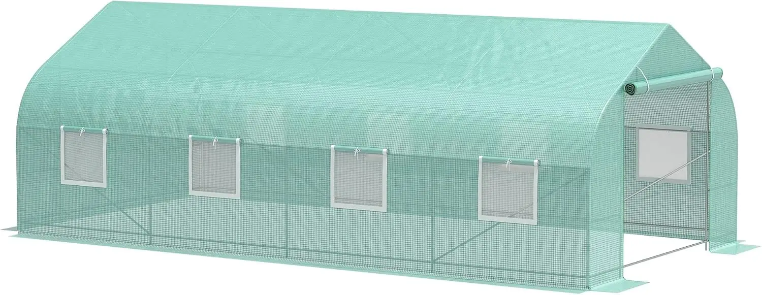 

20' x 10' x 7' Outdoor Walk-in Greenhouse, Tunnel Green House with Roll-up Windows, PE Cover, Heavy Duty Steel Frame, Green