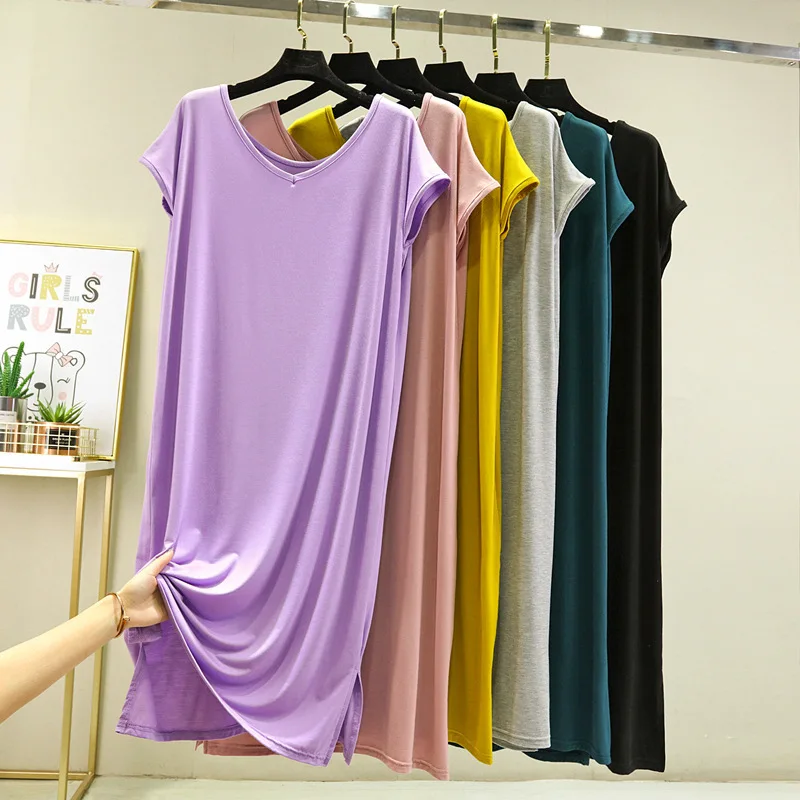 Modal Sleepwear Oversized Loose Mid Length Nightdress V-neck A-line Knee Length Home Thin Clothes for Women Summer Night Gown