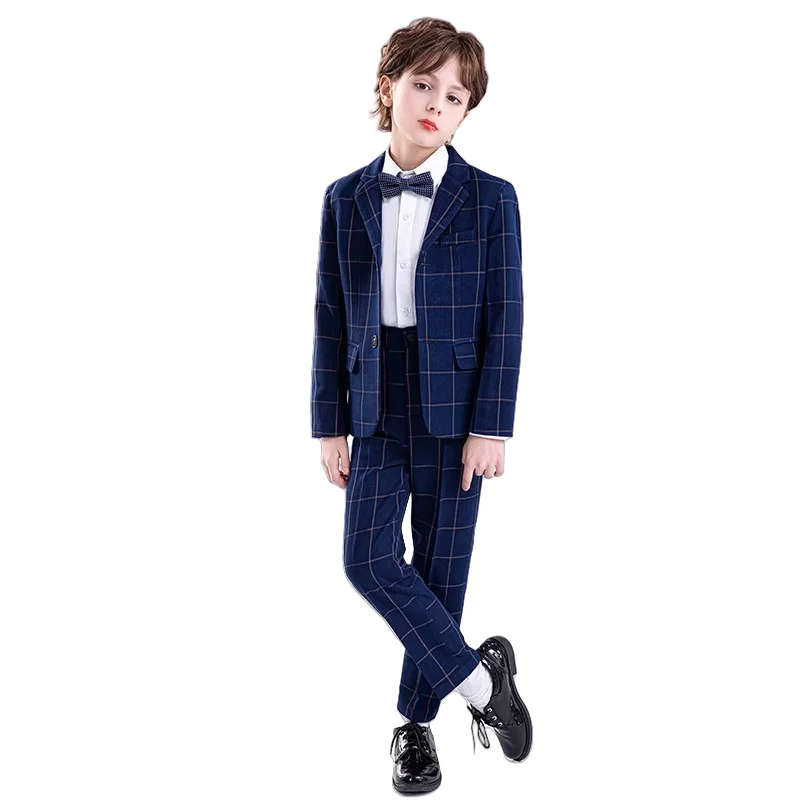 

Детский формальный синий клетчатый пиджак, комплект для свадьбы, дня рождения, мальчиков, куртка, жилет, брюки, галстук-бабочка, комплект из 4 предметов для выступления на фортепиано