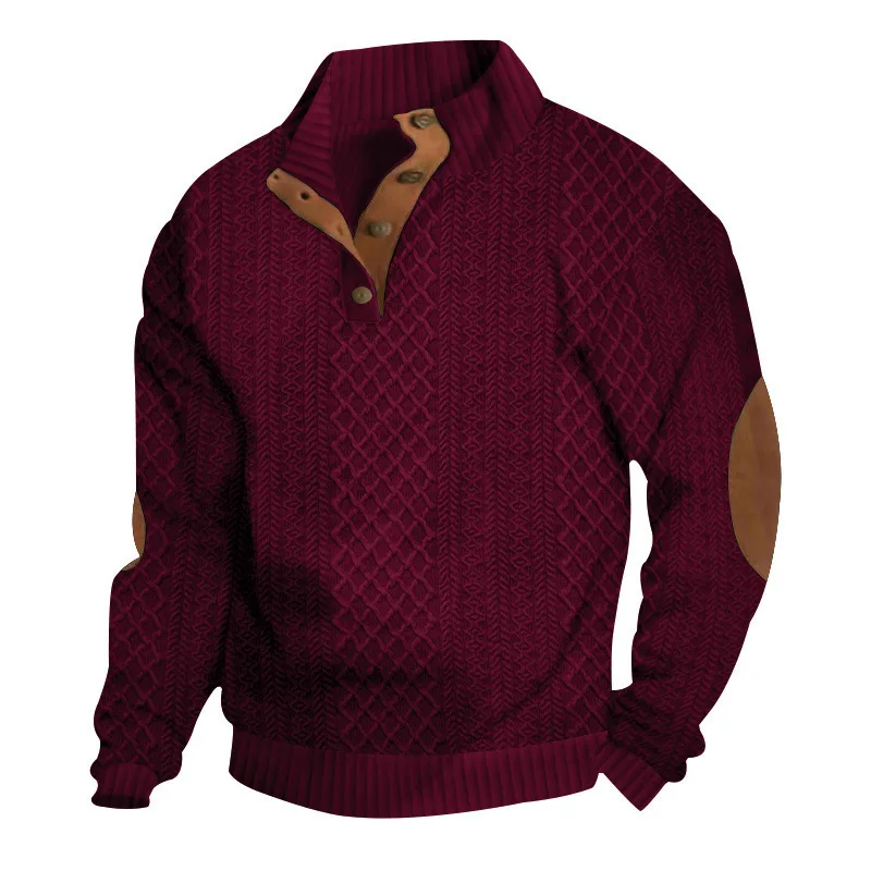 Herren Jacquard-Pullover mit Stehkragen, Ellenbogen-Patches, Langarm, lässiger Strick-Sweatshirt – Detail 5