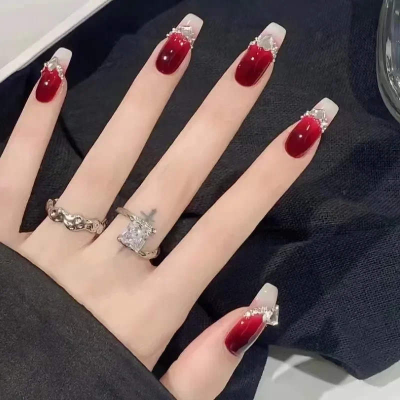 10 Uds. De uñas postizas hechas a mano con punta francesa Borgoña, diseño de uñas postizas con detalles de diamante para mujeres y niñas, uso diario para fiestas