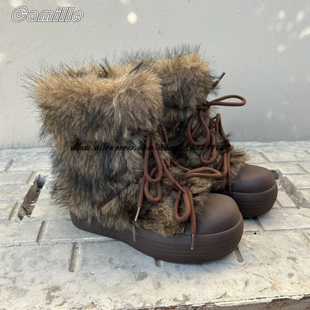 

Cow Nubuck Leather Short Plush Mid Calf Snow Boots Winter New Front Lace Up Keep Warm Boots Round Toe Anti-Slip Casual Boots