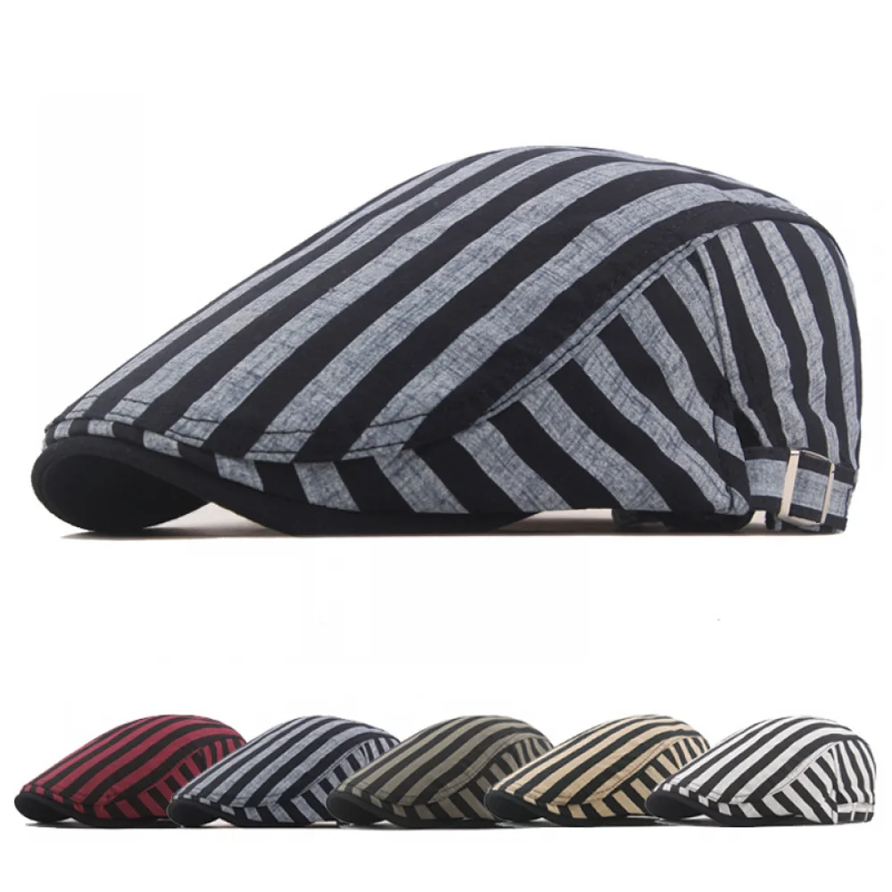 

Men Striped Newsboy Gatsby Flat Duckbill Hat Golf Driving Beret Ivy Peaked Cap