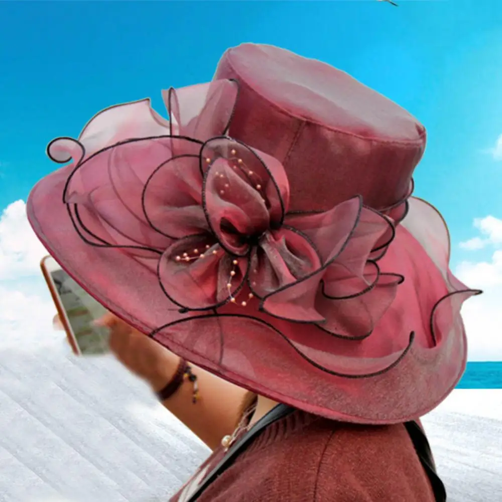 Lato w stylu Vintage stroiki do włosów dla kobiet eleganckie Organza szerokie rondo Flowe panie Kentucky Derby wesele kościół kapelusz Fedora