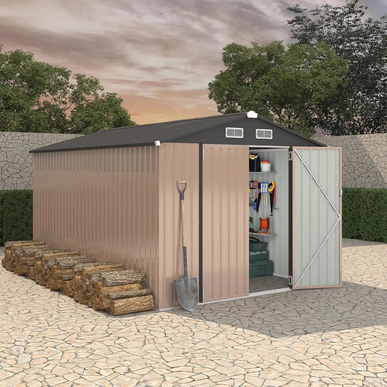 8x12 Ft Metal Storage Shed Outdoor Yard Garden Kit Tool Lockable Door Utility Building Air Vent Backyard Patio Lawn