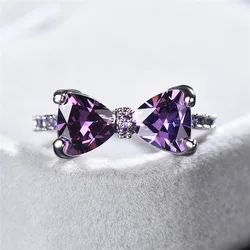 2022 New Purple Zircon Wedding Rings For Women S925 Silver Charm Luxury Crystal Bow Rings Engagement Fashion Jewelry Party Gift