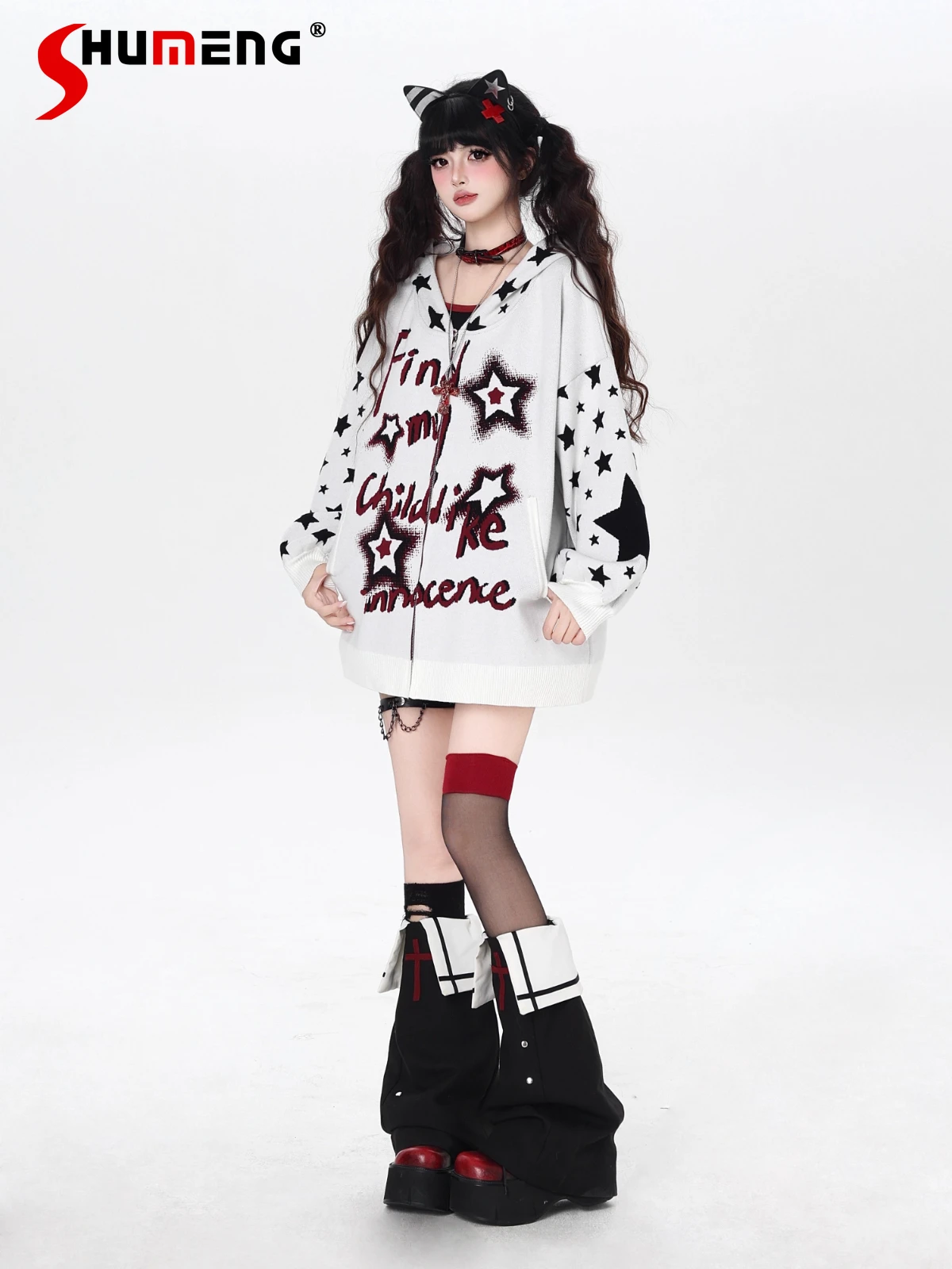 

Original Sweet Cool Girl Y2K Hooded Knitted Sweater Tops Star Print Loose Casual Long Sleeve Zipper Cardigans Jackets for Women