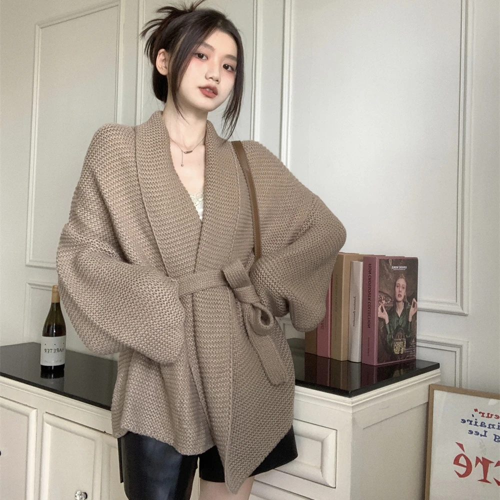 Women\'s Oversize Knitted Wool Cardigan Sweater with Belt, Scarf Collar, Cozy Slim Outerwear, Female Knitwear, Winter, 2023