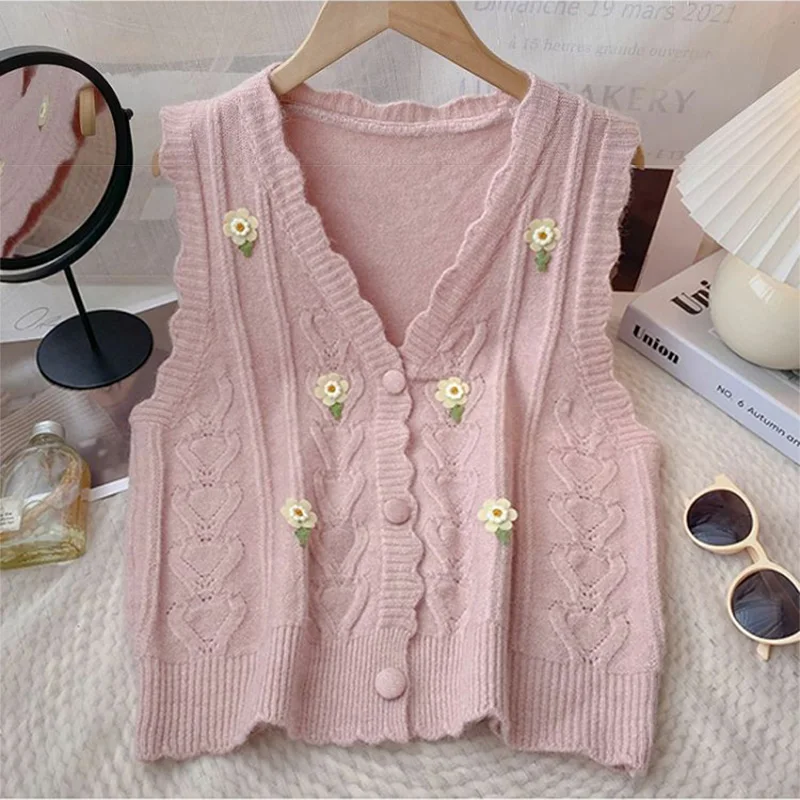 Floral Sweater Vests Women Candy Color Prairie Chic Cozy V-neck Sweet Crop Vintage Design Harajuku Gentle Knitted Girlish Autumn