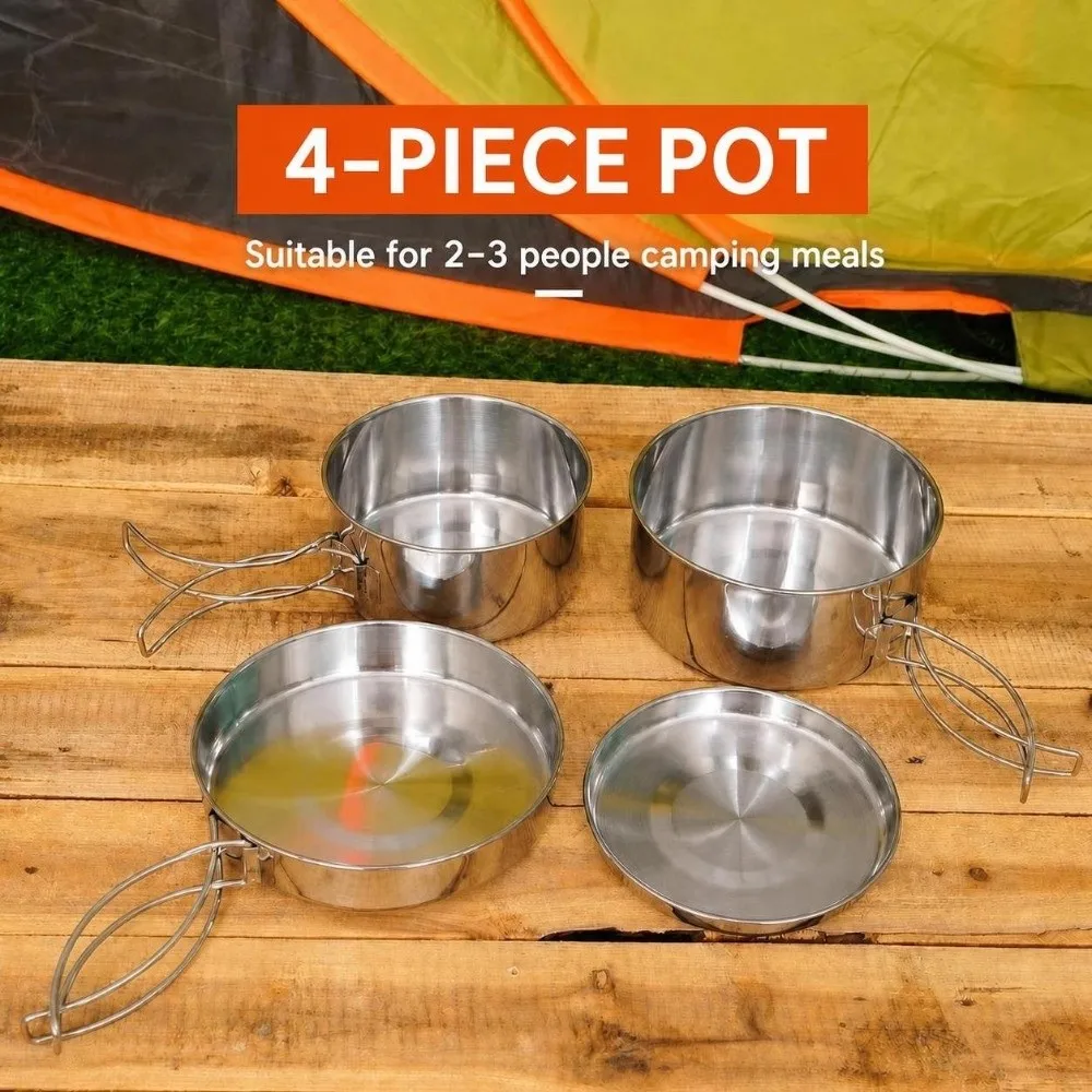 4 Pcs Portable Stainless Steel Camping Cookware Set Stackable 4 Piece Set Portable Cooking Set Camping Pots and Pans Travel