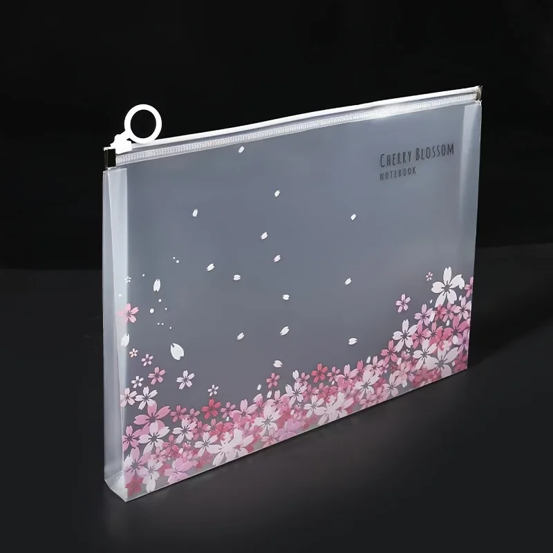 4 A4 Waterproof Cherry Blossom File Storage Zipper Bags, Used for Organizing Learning and Office Supplies, Family Travel Storage