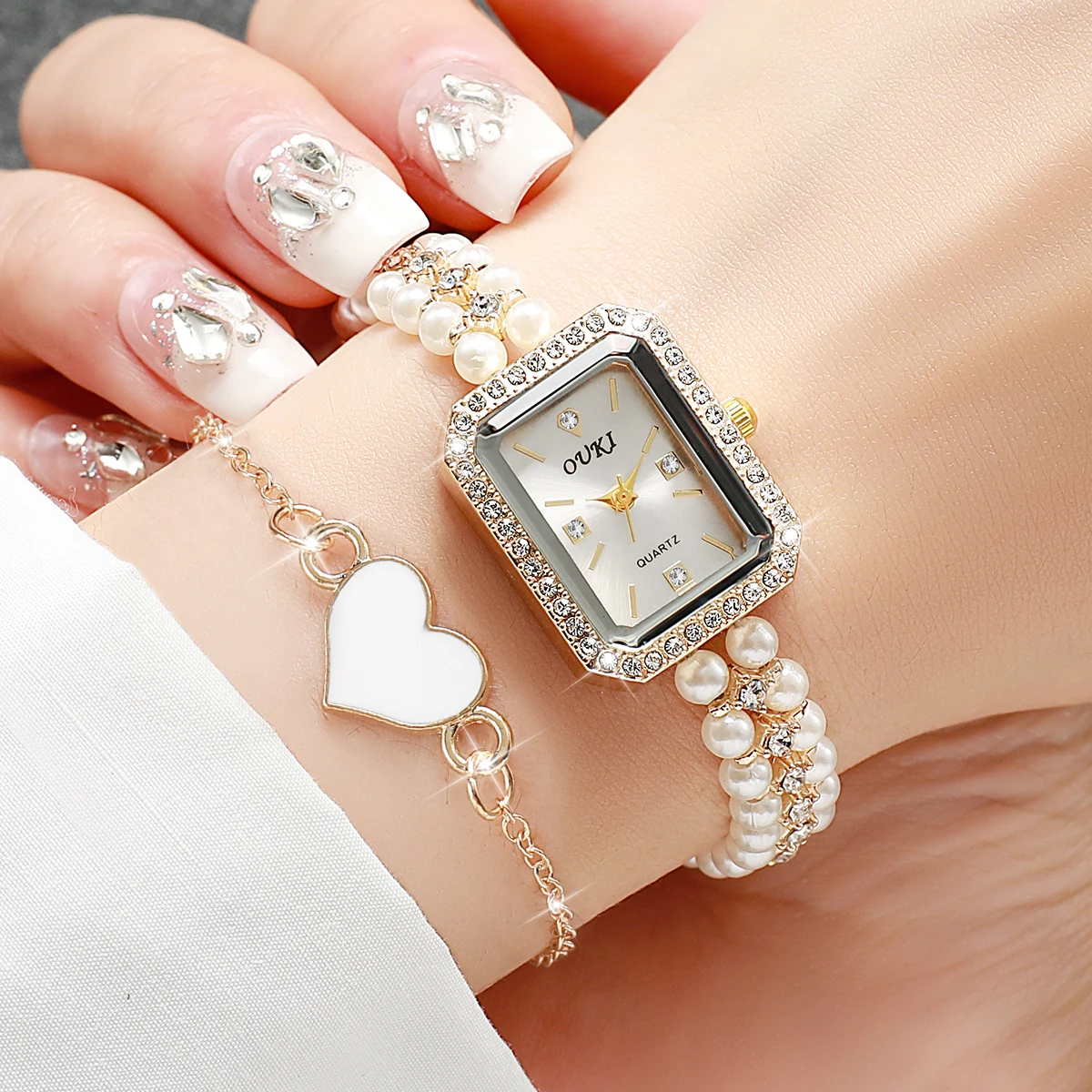 2PCS Elegant Imitation Pearls Strap Women Wristwatch Fashion Square Quartz Watches Heart Bracelet Set Reloj Mujer（Without Box）