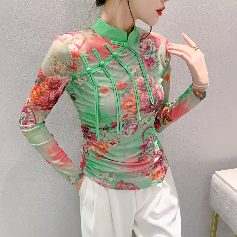 S-3XL Mesh T Shirts Female Full Sleeve High Stretchy Printed Flowers TShirt Women Chinese Style Vintage Collar Top FF0838