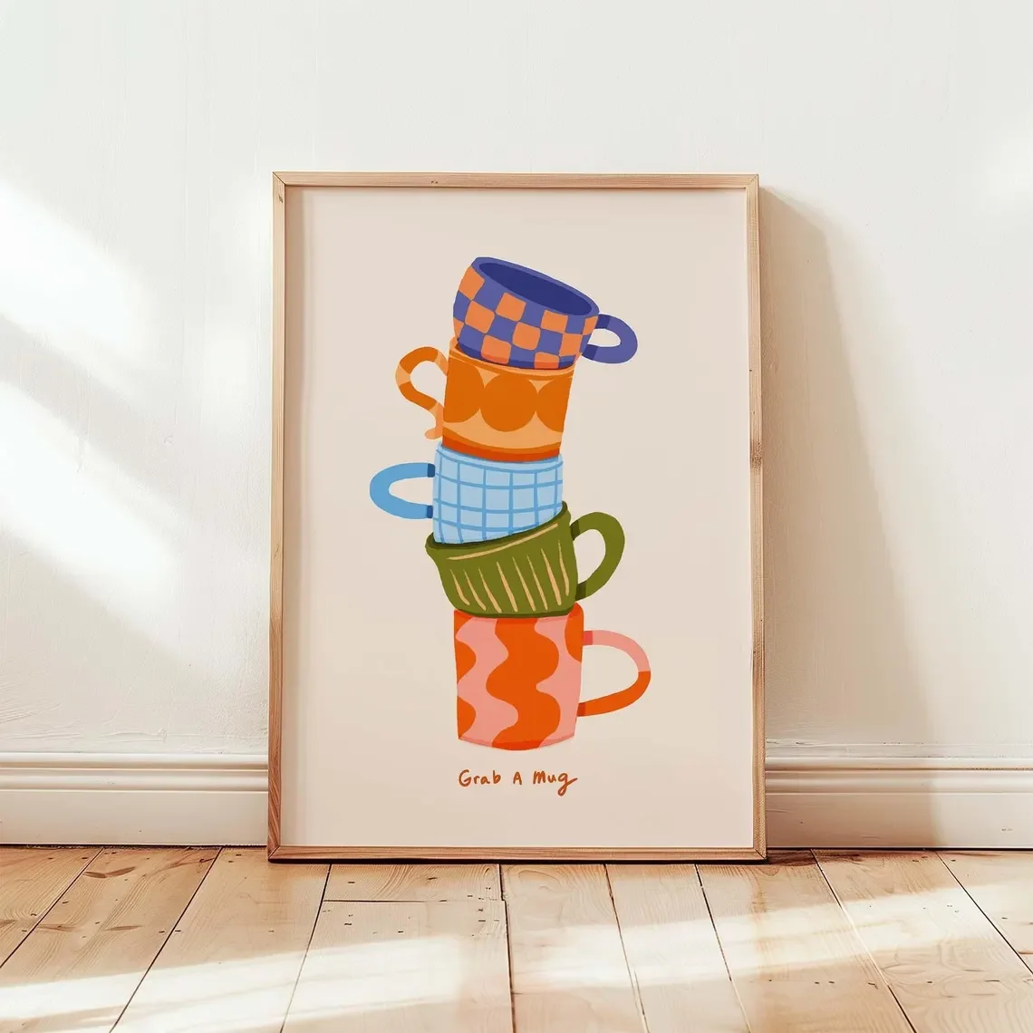 Warm Stacked Mugs Wall Art - Whimsical Print Celebrating Cozy Mornings. Ideal for Coffee Lovers, Kitchen Enthusiasts,