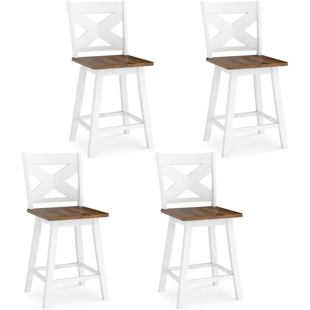 

Набор из 4 белых и ореховых вращающихся барных стульев, стулья для барной стойки из каучукового дерева с высокой спинкой и широким сиденьем, вращение на 360° ° Смена персонала для паба