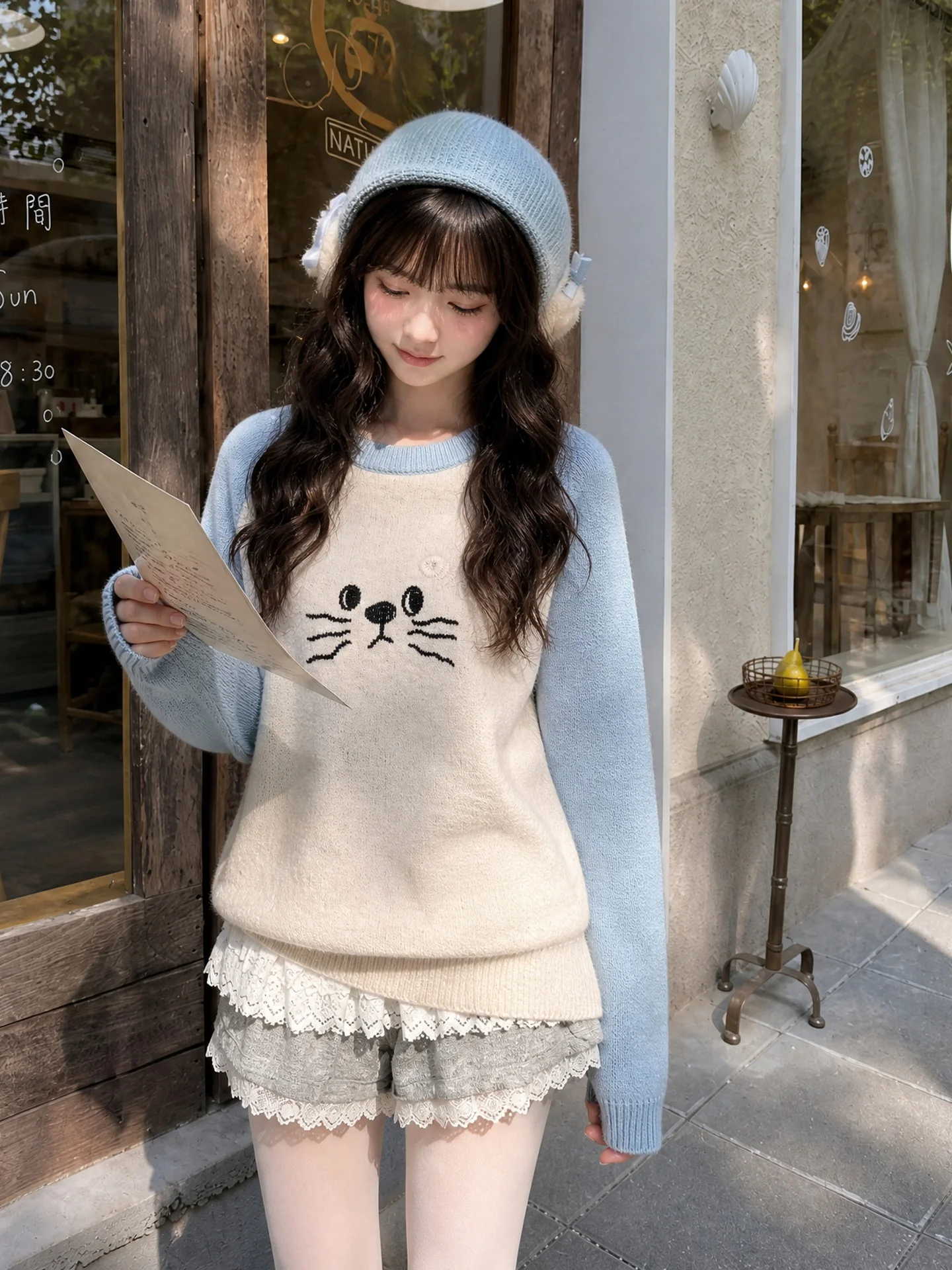 Cute  Embroidery Loose Knitted Sweater Women's Overhead Style Fashionable Color Block Design Comfortable Fit Daily Wear
