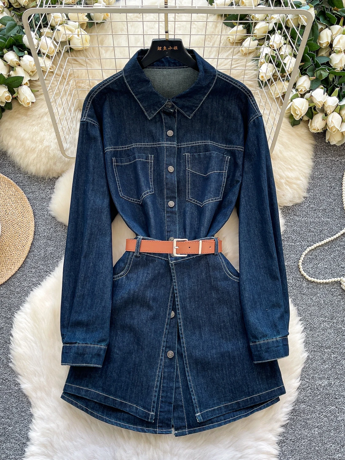 

High Waist Color ort Skirt Two Piece Set Women's Autumn irt Dr Commute High End Feeling Set Korean Sle Denim