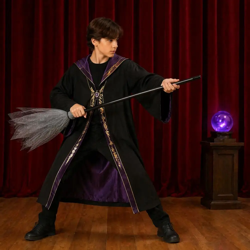 Cosplay Costume Accessories Halloween Witch Broom Prop with Detachable Mesh Crooked Ruched Hat Costume Haunted House Decoration