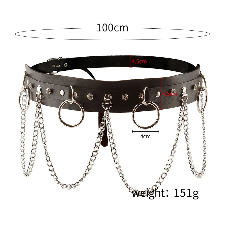 Fashion Classic Punk Black PU O Ring Drop Chain Belts for Women