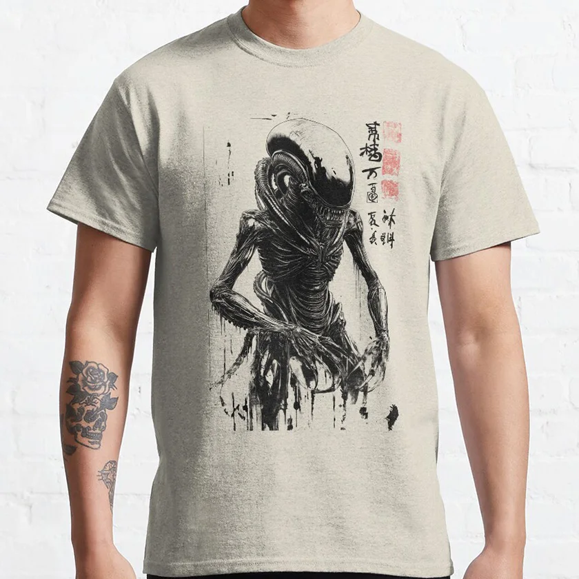 

Xenomorph Japanese scary film Poster design horror movie sci-fi Alien 100% cotton printed t shirt plus size men's clothing