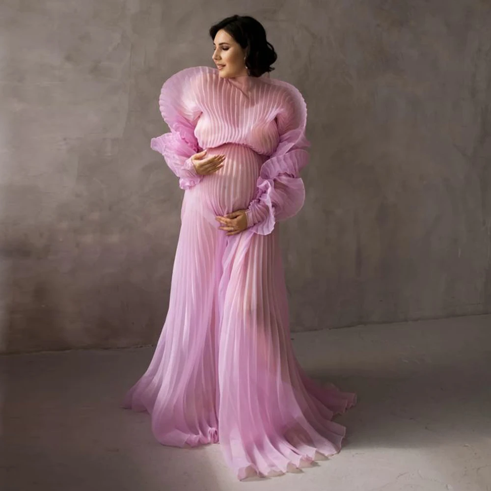 Popular Pleated Organza Maternity Dresses for Photoshoot Illusion Pleats Pink White Maternity Dress Pregnancy Baby Shower Dress