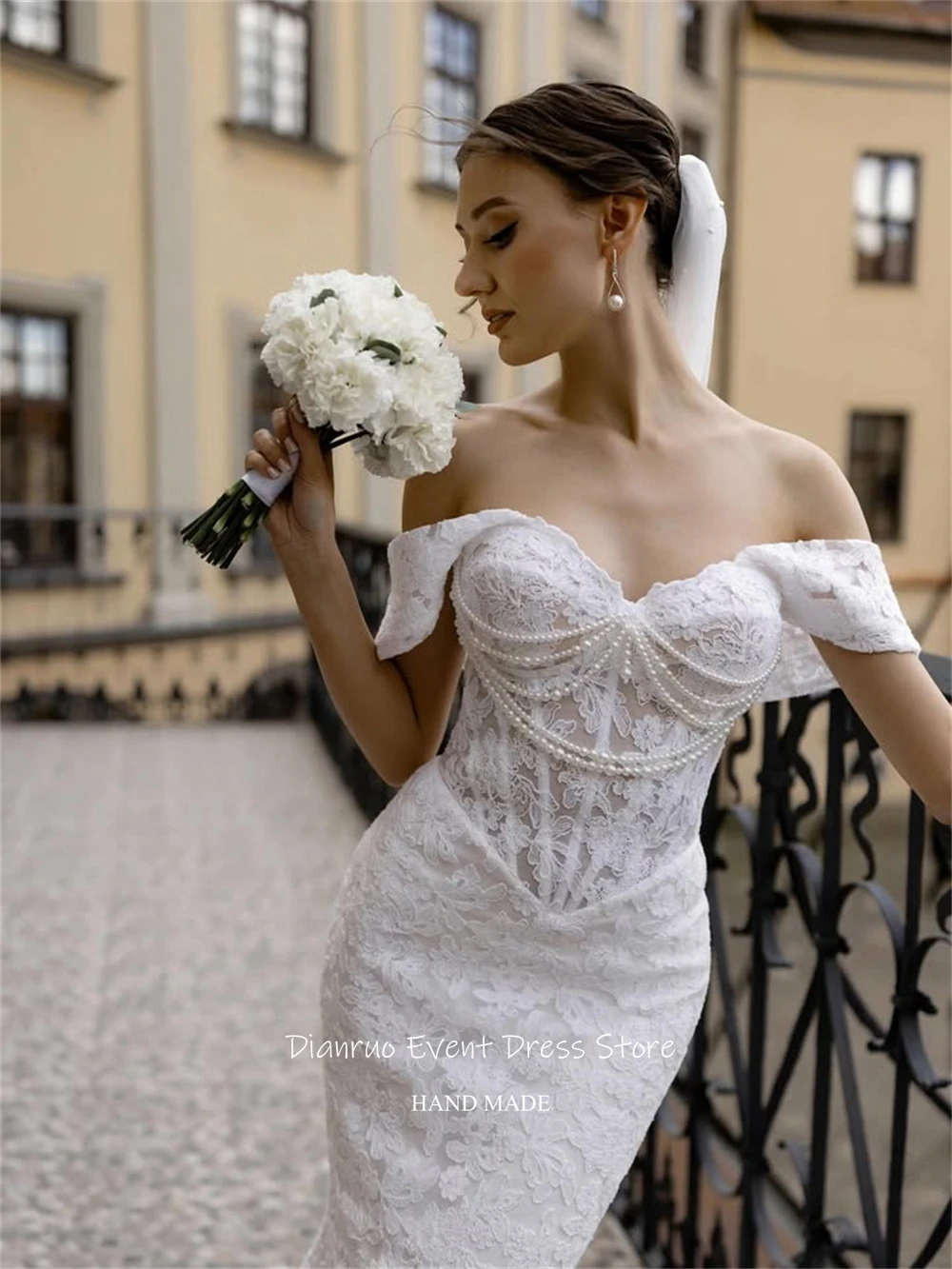 Dianruo delicado encaje blanco sirena Vestidos de Novia perlas de lujo Vestidos Novia Bohemio apliques Vestidos de Noche personalizados