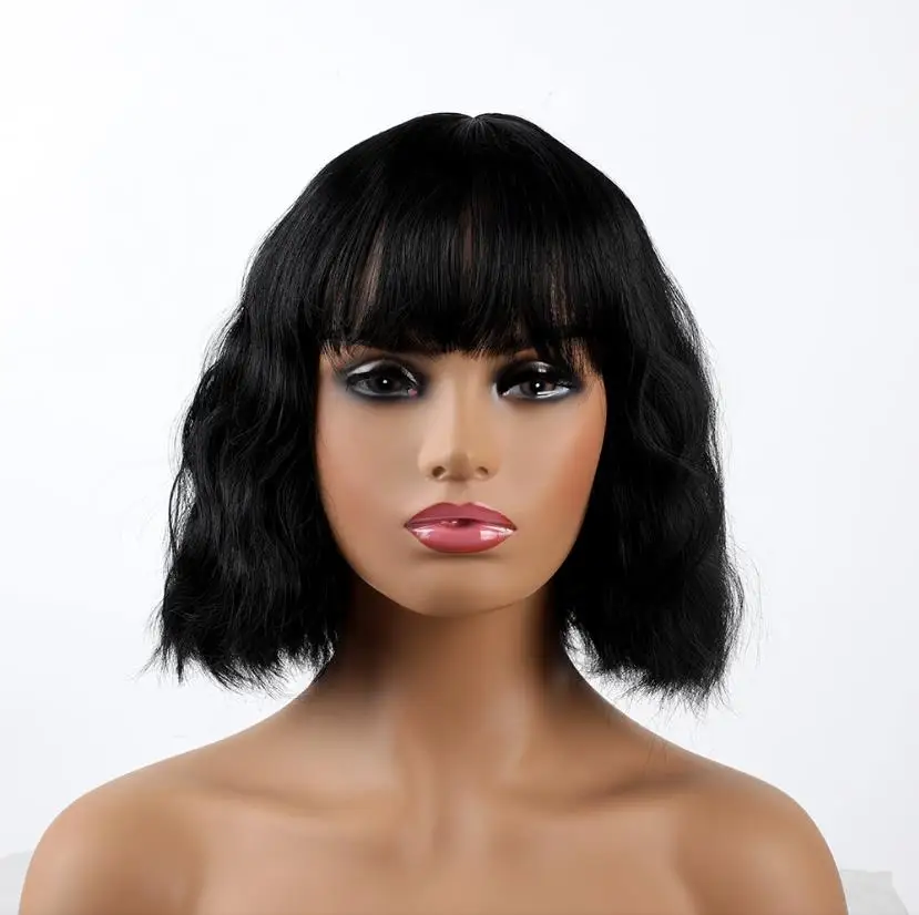 WHIMSICAL W 12 inch Short Body Wave Black Wigs Synthetic Wig For Women With Bangs Heat Resistant Hair