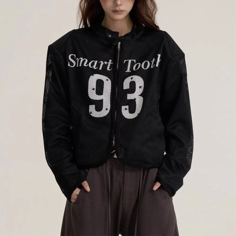 

Japanese Style High Street Letter Printed Mesh Jacket Women's New Stand Collar Sports Coats Spicy Girl Loose Baseball Jacket