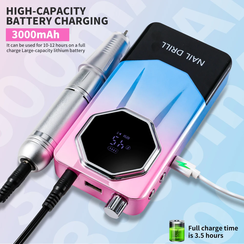 Taladro de uñas profesional de 45000RPM, lima de uñas eléctrica recargable, máquina pulidora de Gel de poco ruido, herramienta de taladro de uñas acrílico