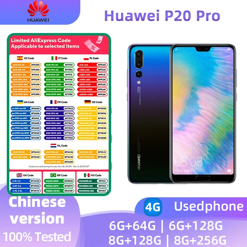 HUAWEI P20 Pro 4g Smartphone Kirin 970  Store 6.1 Inch 40MP+24MP Camera 4000mAh Android Google Play Used Phone