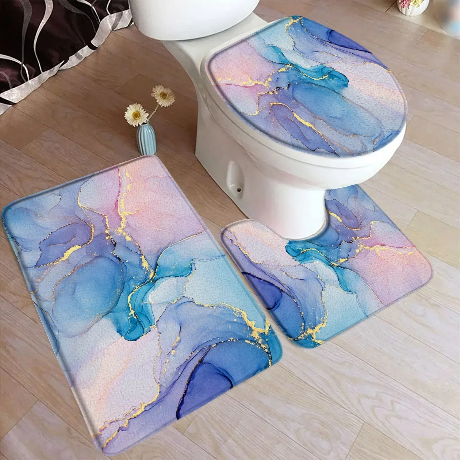 Abstract Blue Marble Bath Mat Set Geometric Ink Art Modern Home Carpet Flannel Bathroom Decorative Floor Rugs Toilet Lid Cover